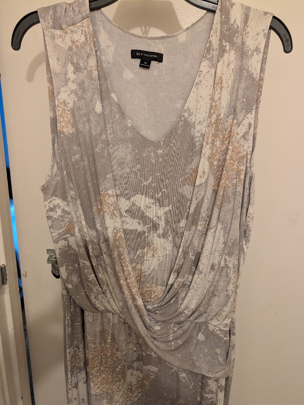 H by Halston Size 14 Draped Faux Wrap Maxi Dress Abstract Marble Print
